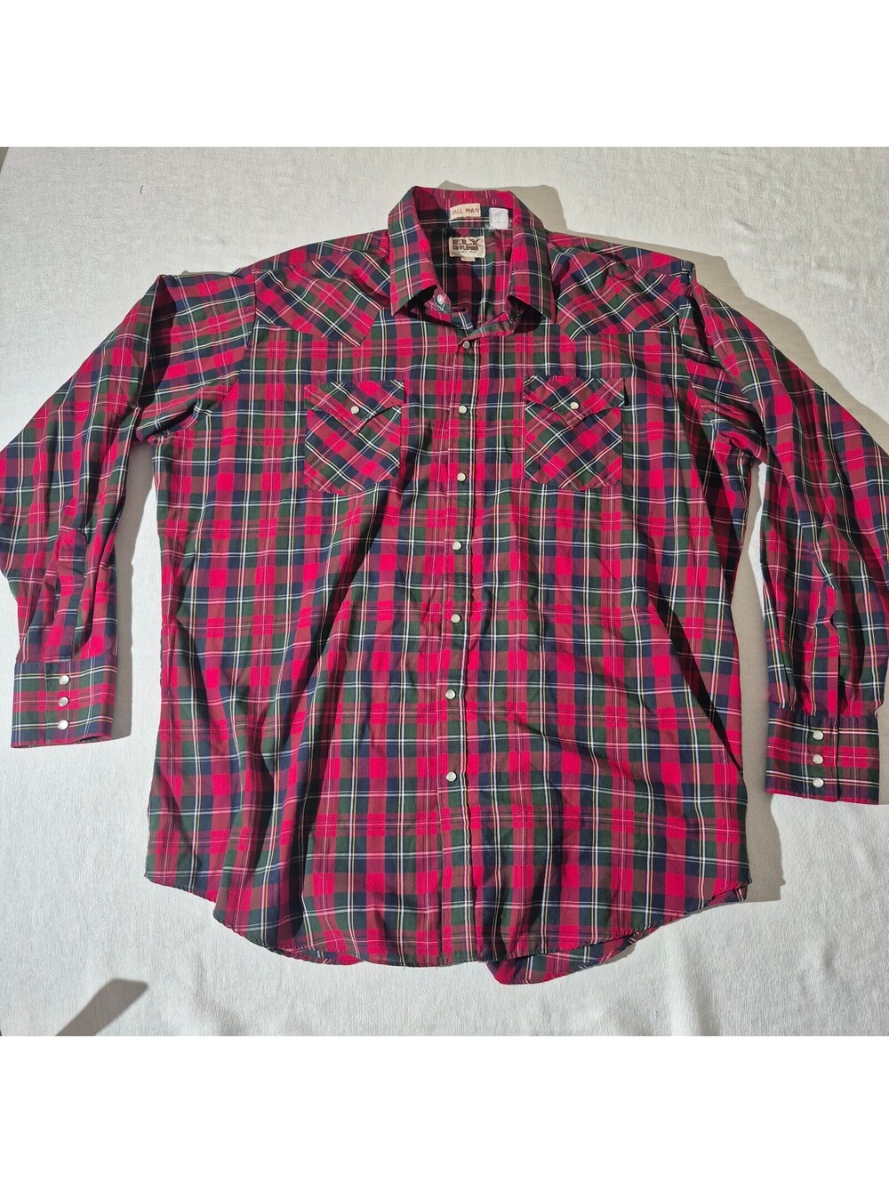 ELY Cattleman Tall Man XLT red plaid long sleeve western pearl snap rodeo shirt